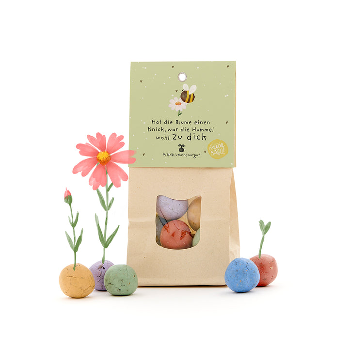 Bolsa de papel con bombas de semillas de colores y la inscripción “Si la flor está doblada, el abejorro probablemente estaba demasiado gordo”, junto a ella flores floreciendo de las bombas de semillas.