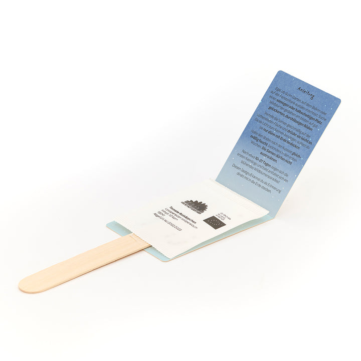 Palito de helado de madera con paquete de semillas adjunto e instrucciones desplegadas en alemán.