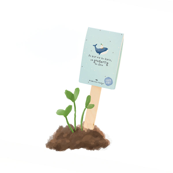 Un pequeño brote de planta crece desde el suelo, junto a un cartel que dice "Nunca eres demasiado pequeño para ser grande" y presenta una ilustración de una ballena.