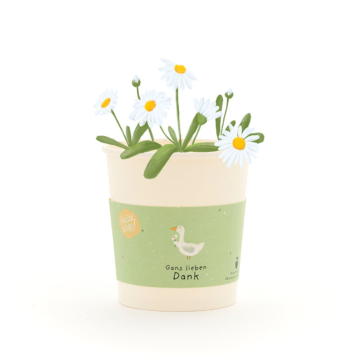 Una maceta de color crema con margaritas blancas y una etiqueta verde, con el dibujo de un ganso y el texto "Muchas gracias, ganso".