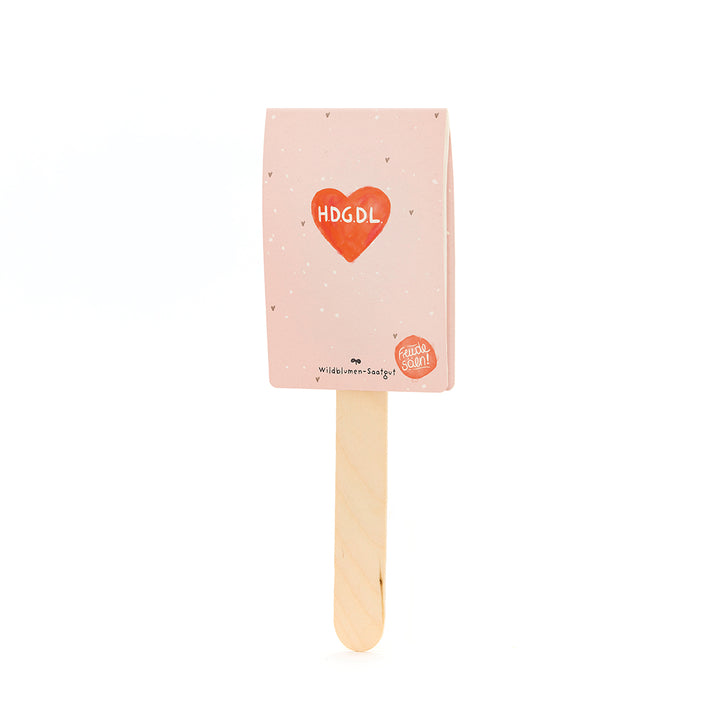 Bolsas de helado de color rosa con un corazón rojo y las palabras "HDGDL" y "Wildflower Seeds" debajo.