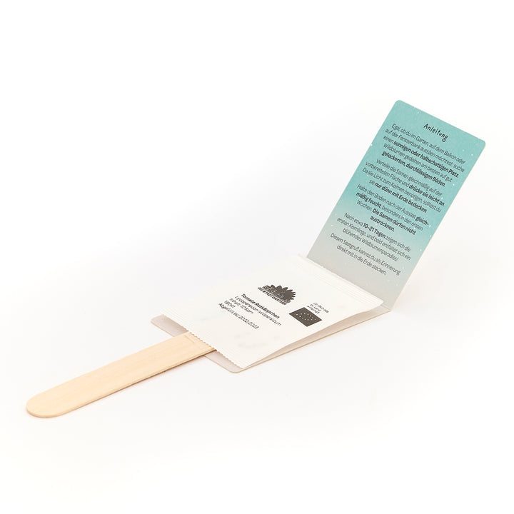 Un juego que consta de un palo de madera, una bolsa de semillas y una tarjeta de instrucciones desplegada sobre un fondo blanco.