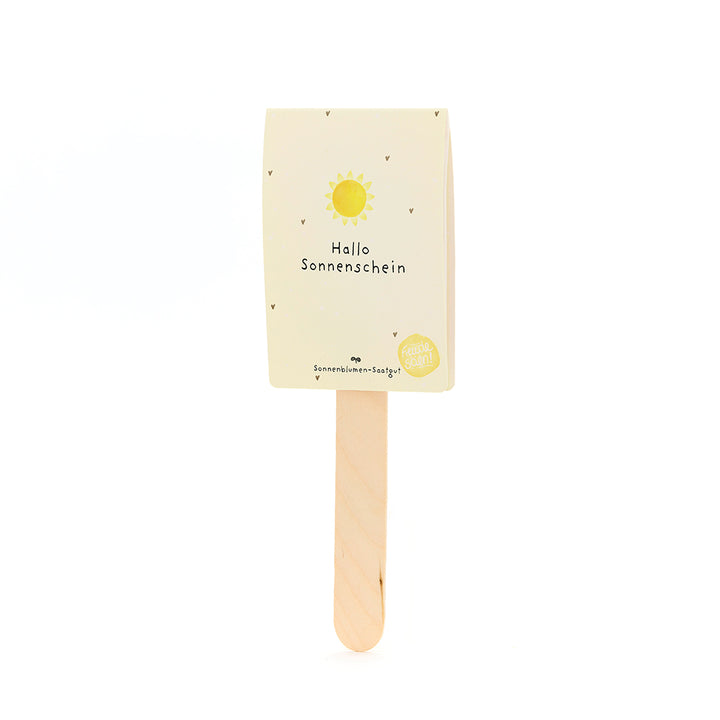 Palo de madera con una tarjeta amarilla que dice "Hola Sol" y tiene un sol encima.