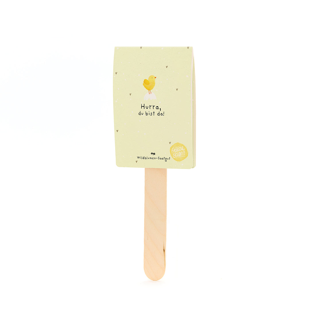 Tarjeta amarilla con ilustración de pollito y el texto "¡Hurra, estás aquí!" en un palo de madera.