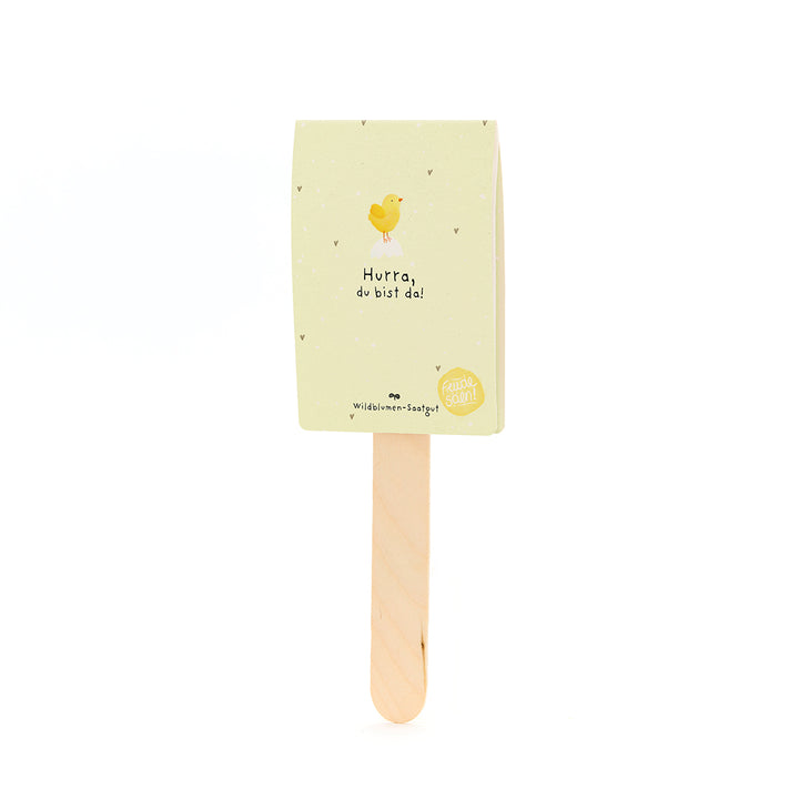 Tarjeta amarilla con ilustración de pollito y el texto "¡Hurra, estás aquí!" en un palo de madera.