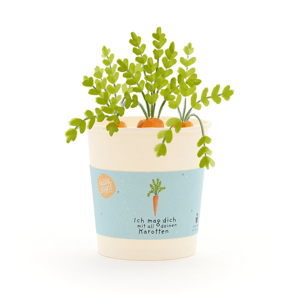 Maceta con pequeñas plantas de zanahoria y una etiqueta que dice "Te amo con todas tus zanahorias".