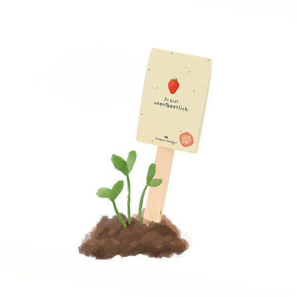 Ilustración de una pequeña planta de fresa en tierra con un cartel que dice "Eres indispensable" y una fresa dibujada.
