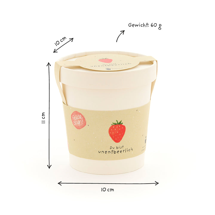 Taza con motivo de fresa e inscripción “Eres indispensable”, dimensiones 11 cm de alto, 10 cm de diámetro, peso 60 g.