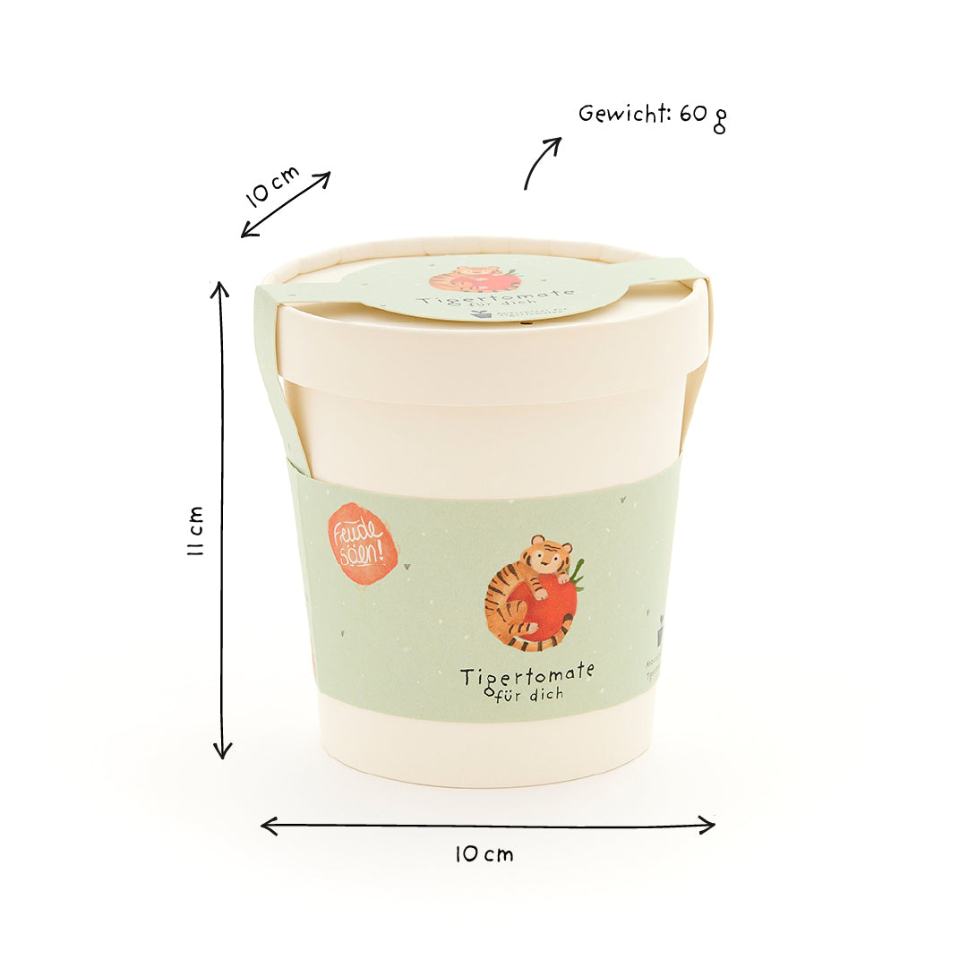 Taza con ilustración de tomate tigre, 11 cm de alto, 10 cm de diámetro, peso 60 g.