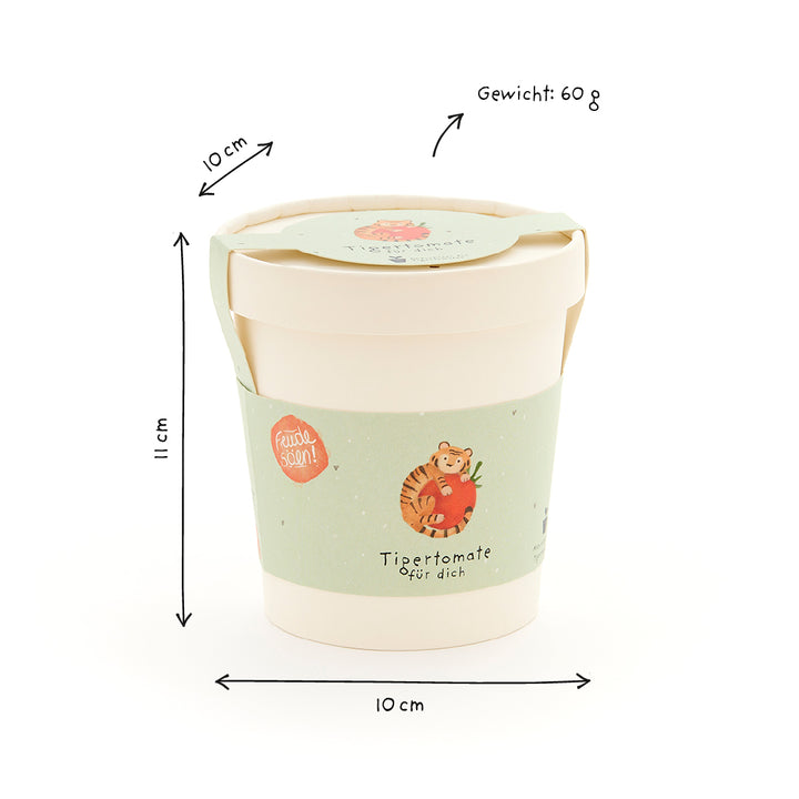 Taza con ilustración de tomate tigre, 11 cm de alto, 10 cm de diámetro, peso 60 g.