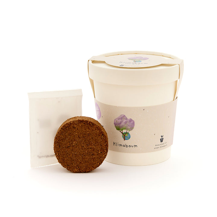 Kit de plantación con vaso de cultivo, tableta de tierra y bolsa de semillas para un árbol de clima.