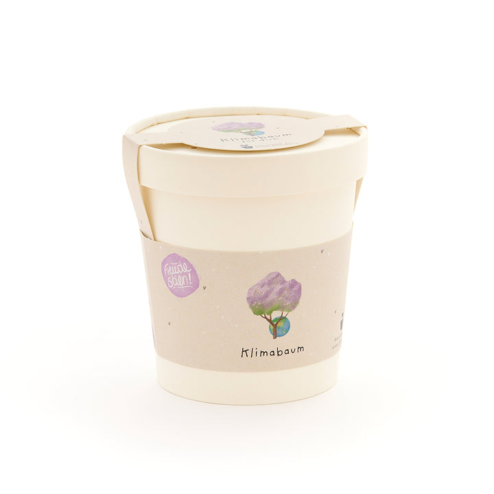 Maceta beige con una etiqueta que muestra un árbol dibujado y las palabras “Árbol del clima”.