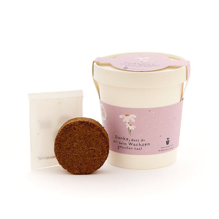 Un kit de plantación con una taza morada, tierra y un paquete de semillas que dice: "Gracias por ayudarme a crecer".