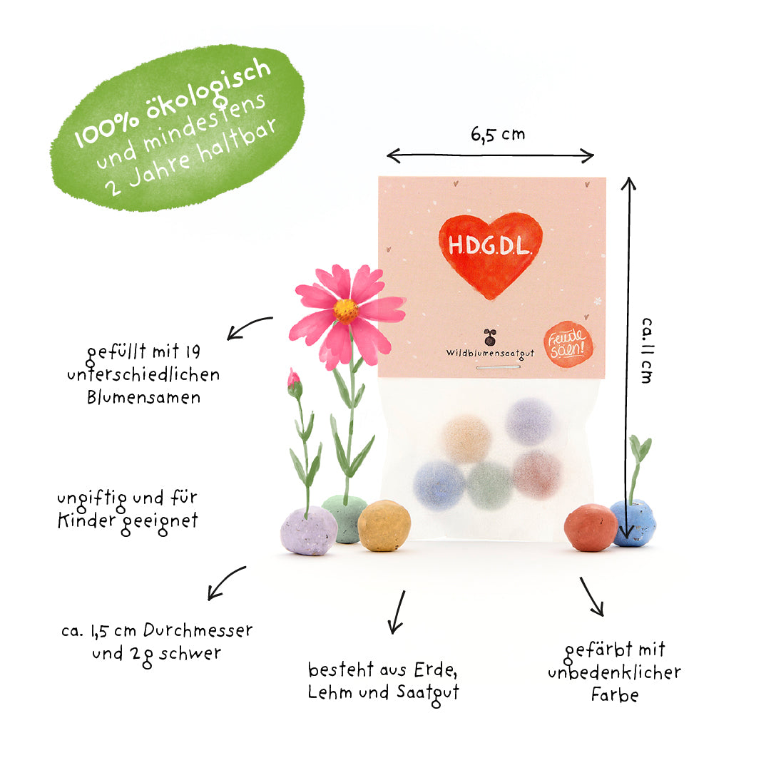 Envase que contiene bolas de semillas de colores, etiquetado con información sobre calidad orgánica, contenido de semillas de flores, seguridad para niños, tamaño y composición del suelo, arcilla y semillas.