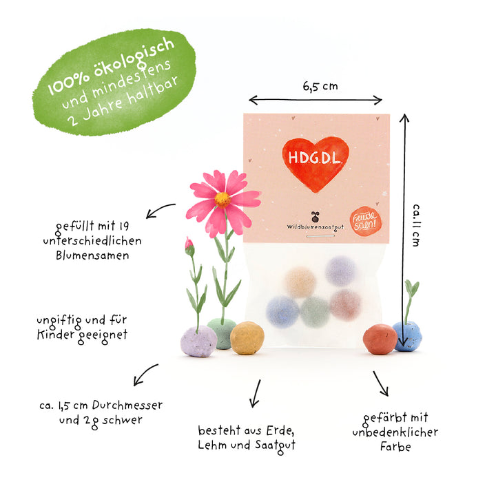 Envase que contiene bolas de semillas de colores, etiquetado con información sobre calidad orgánica, contenido de semillas de flores, seguridad para niños, tamaño y composición del suelo, arcilla y semillas.