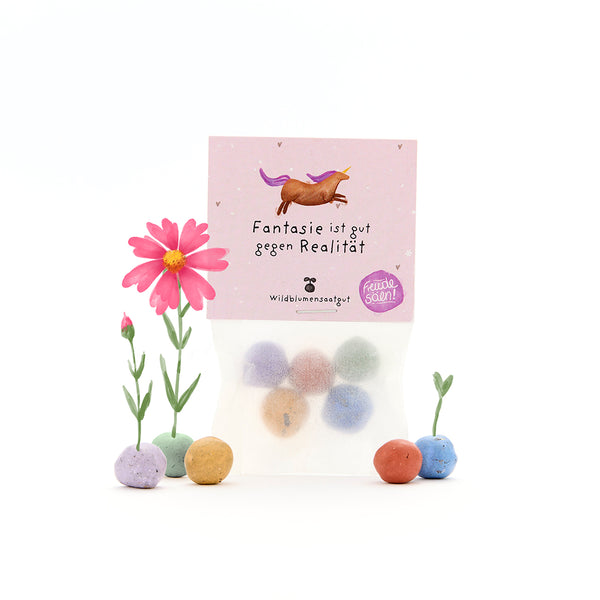 Bolsa con bolas de semillas de colores, dos flores florecientes y la inscripción "La imaginación es buena contra la realidad" en una tarjeta rosa con un unicornio.