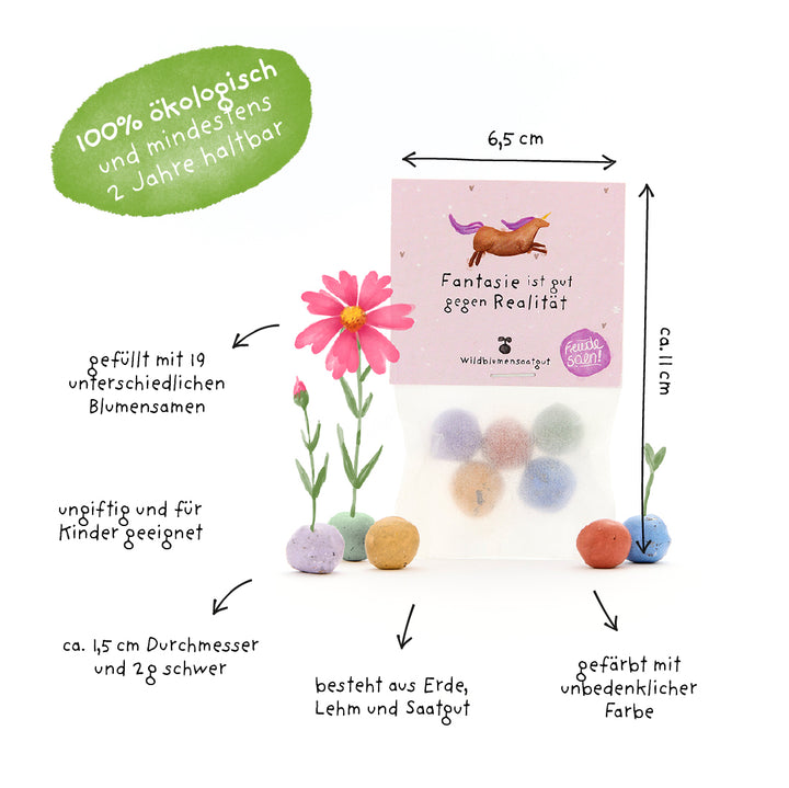 Paquete de bolas de semillas de colores, etiquetadas con información como "100% orgánico", semillas de flores surtidas, no tóxicas y aptas para niños, diámetro aproximado de 1,5 cm, hechas de tierra, arcilla y semillas, coloreadas y con una vida útil de al menos 2 años.