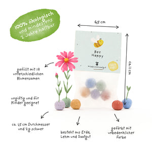 Bolsa de bolas de semillas coloridas "Bee Happy", orgánicas, de aproximadamente 6,5 x 11 cm, rellenas con 19 semillas de flores diferentes, aptas para niños, hechas de tierra, arcilla y colores no tóxicos.
