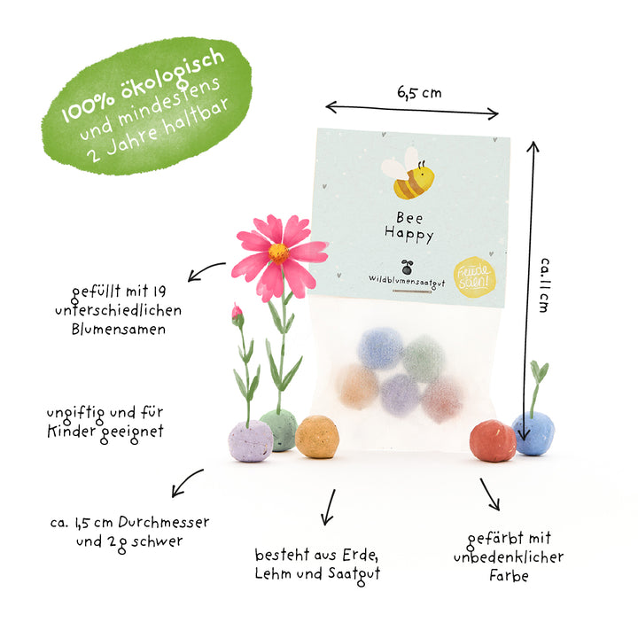 Bolsa de bolas de semillas coloridas "Bee Happy", orgánicas, de aproximadamente 6,5 x 11 cm, rellenas con 19 semillas de flores diferentes, aptas para niños, hechas de tierra, arcilla y colores no tóxicos.