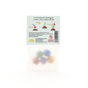 Cinco bolas de semillas de colores en un paquete transparente, con instrucciones e ilustraciones en alemán en la etiqueta.