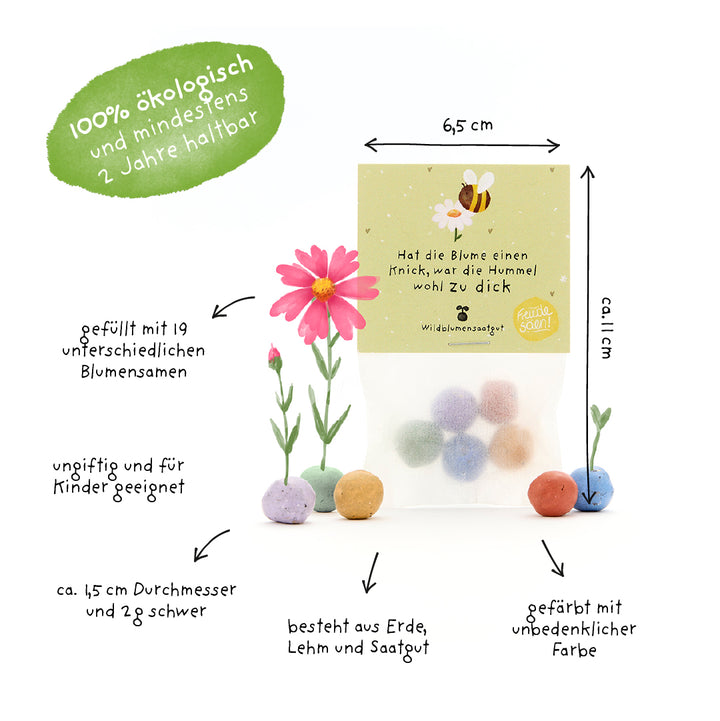 Paquete de bolas de semillas de colores, etiquetadas con información en alemán sobre el contenido, el tamaño, la producción orgánica y las propiedades aptas para niños, así como dibujos de flores y una abeja.