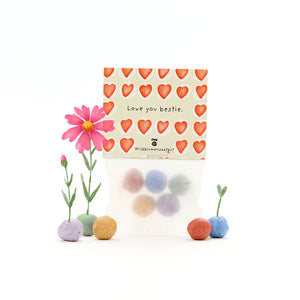 Bolsa de semillas de flores silvestres, decorada con corazones rojos y las palabras "Te amo, mejor amiga", rodeada de bolas de semillas de colores y pequeñas flores florecientes.