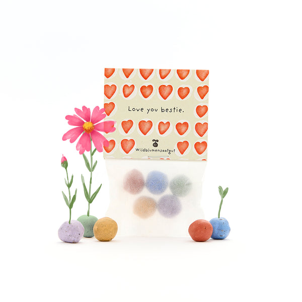 Bolsa de semillas de flores silvestres, decorada con corazones rojos y las palabras "Te amo, mejor amiga", rodeada de bolas de semillas de colores y pequeñas flores florecientes.