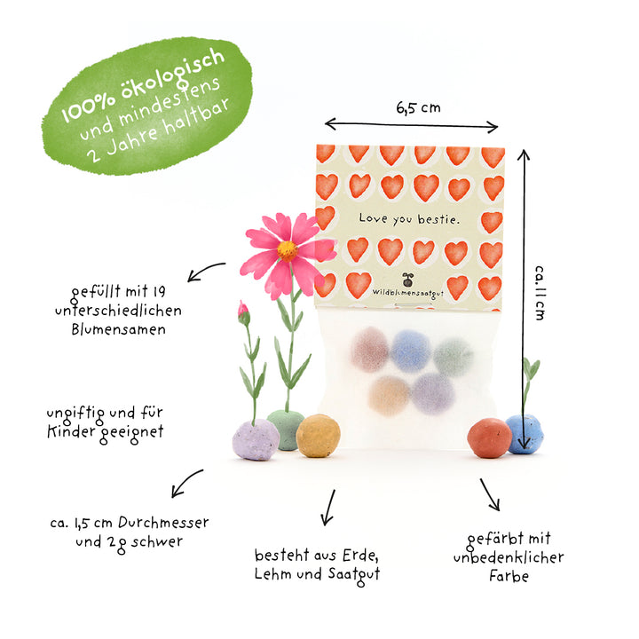 Un paquete de bolas de semillas de colores en una bolsa con diseño de corazones con las palabras "Te amo, mejor amiga", rodeada de un texto explicativo que explica que las bolas son ecológicas, no tóxicas, aptas para niños y están rellenas de varias semillas de flores.
