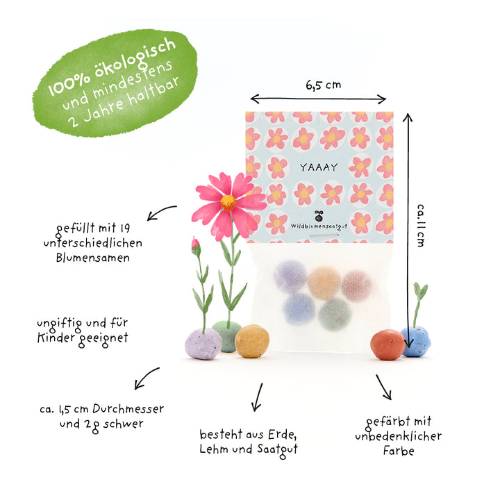 Bolsa de bombas de semillas de colores, decoradas con flores e instrucciones en alemán; orgánicas, aptas para niños, muchas variedades de flores, diámetro aprox. 1,5 cm, hechas de tierra, arcilla y semillas.