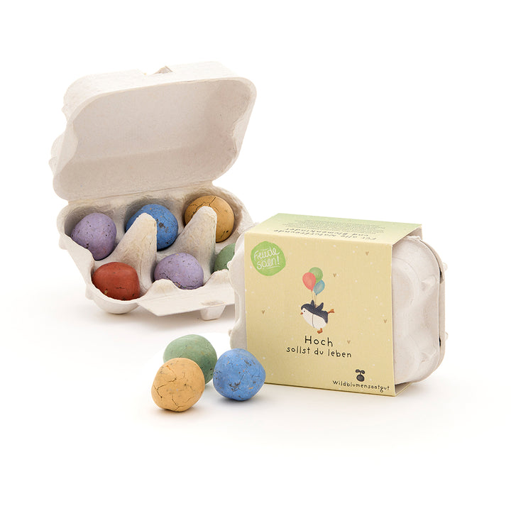 Pequeños cartones de huevos con bolitas de semillas de colores y un paquete con la inscripción "Larga vida a ti".