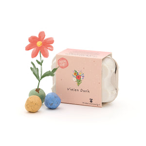 Pequeña caja de regalo con la inscripción “Gracias”, tres bolas de semillas de colores y una flor pintada.