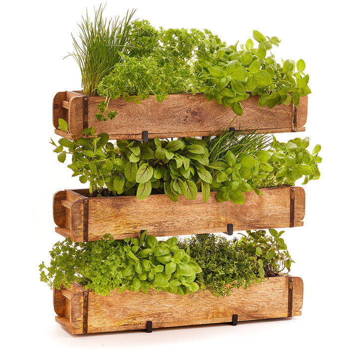 Tres jardineras de madera con diversas hierbas frescas, apiladas una encima de otra.