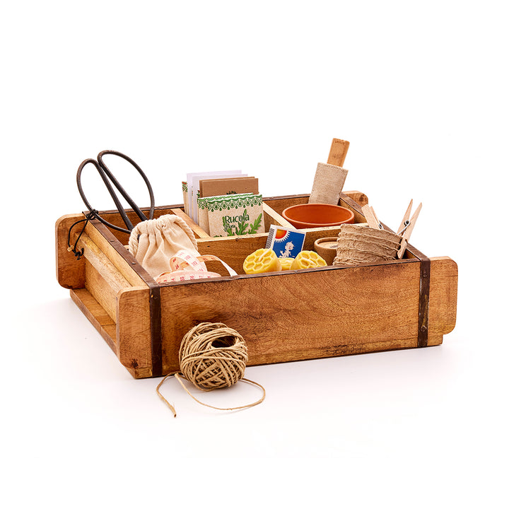 Caja de madera con diversos utensilios de jardinería como tijeras, semillas, maceta, hilo, pinzas de ropa y pequeños artículos de manualidades.