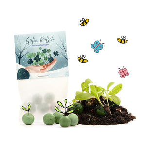 Bolsa con bolas de semillas de trébol de la suerte, bolas de semillas verdes, plantas, tierra y abejas y mariposas dibujadas.