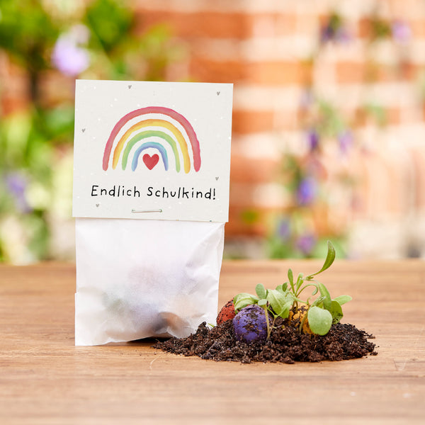 5 canicas de flores en una bolsa para el primer día de colegio. "¡Por fin un escolar!"