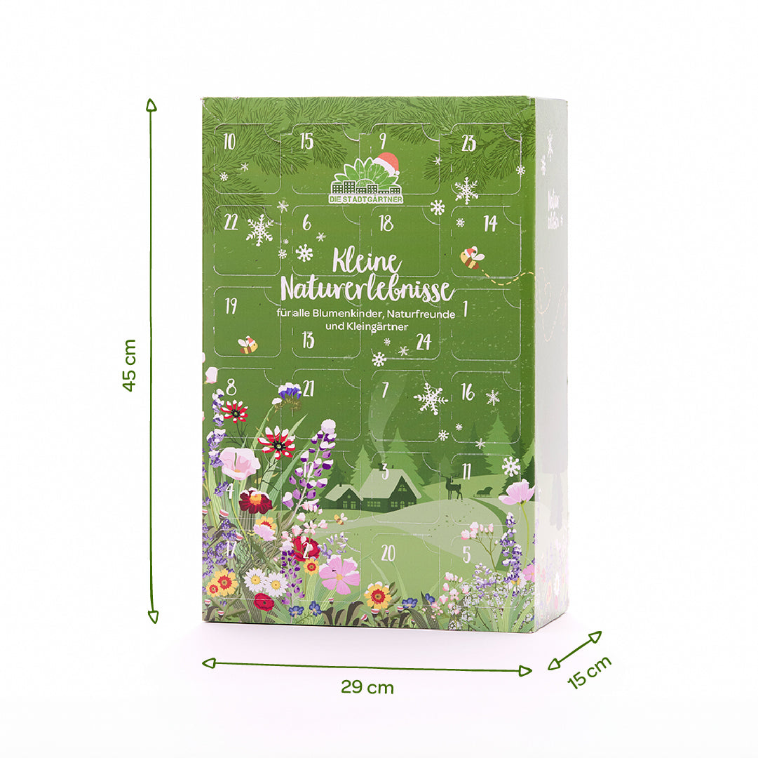 Calendario de adviento verde con motivos florales, de 45 cm de alto, 29 cm de ancho y 15 cm de fondo.