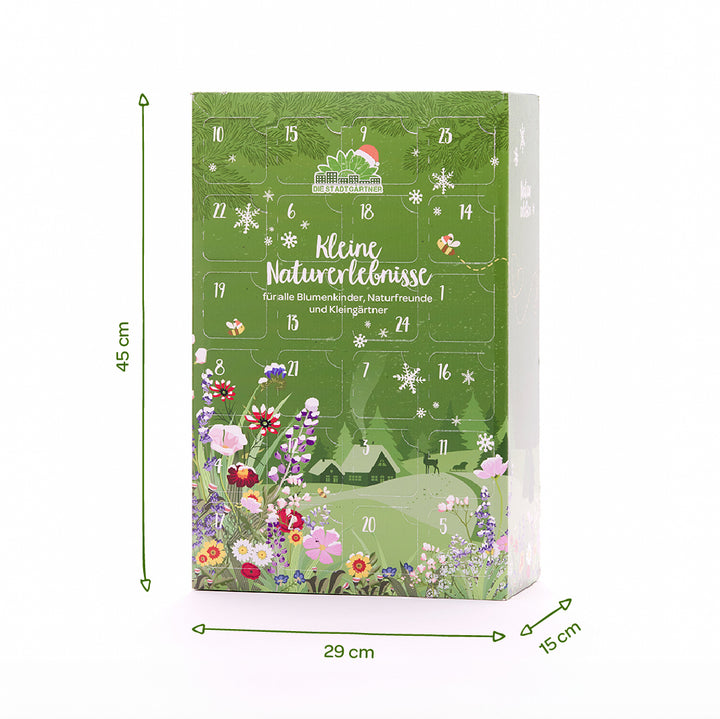 Calendario de adviento verde con motivos florales, de 45 cm de alto, 29 cm de ancho y 15 cm de fondo.