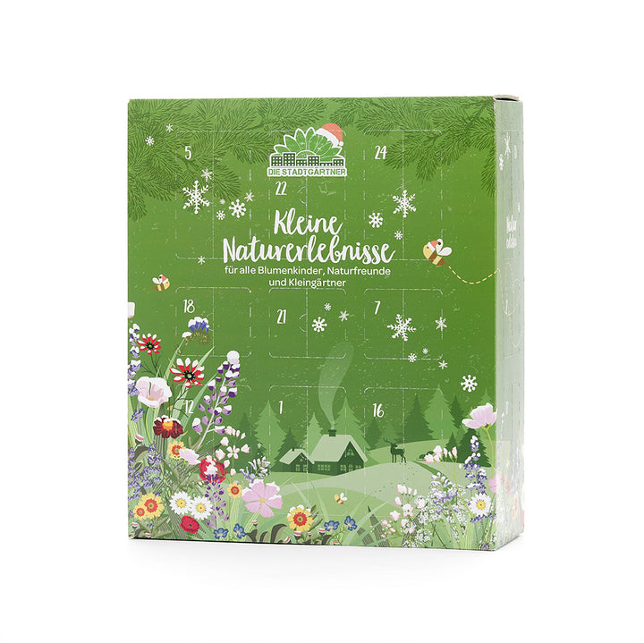 Calendario de Adviento verde con flores, motivos naturales y la inscripción "Pequeñas experiencias en la naturaleza" para niños, amantes de la naturaleza y jardineros de huertos familiares.