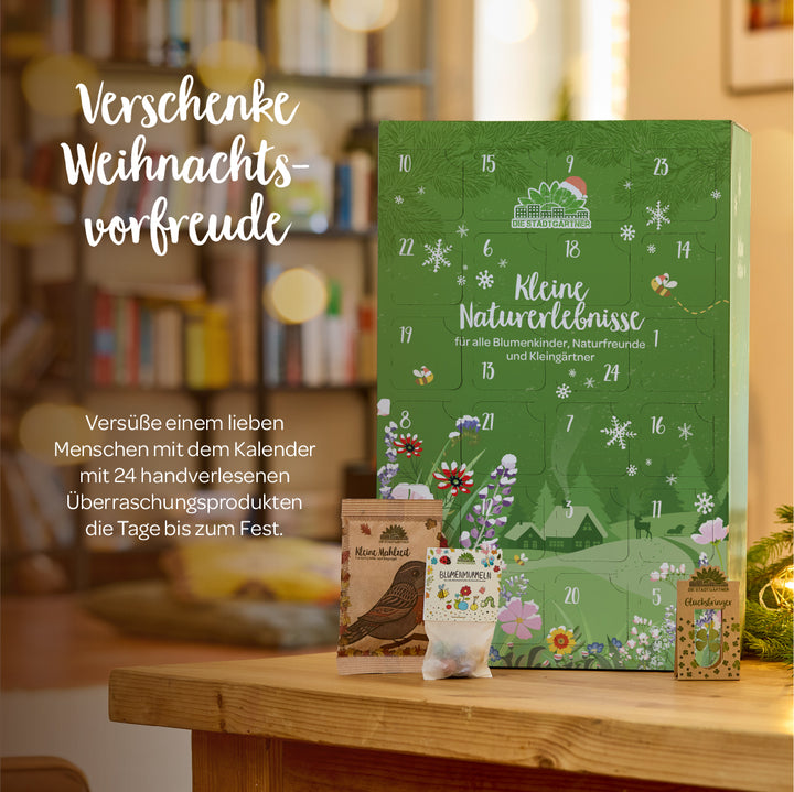 Un gran calendario de Adviento verde "Pequeñas Experiencias de la Naturaleza" con diseño navideño, rodeado de pequeños paquetes de semillas, en una sala de estar cómodamente decorada.
