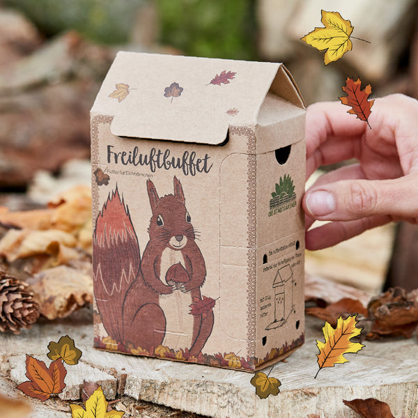 Una caja de cartón con ilustración de una ardilla y la inscripción "Buffet al aire libre", rodeada de hojas otoñales, es sostenida por una mano.