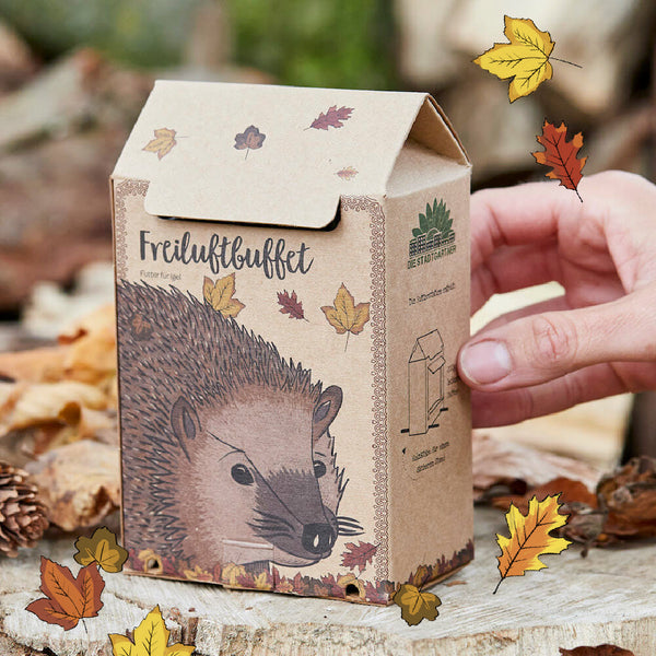Caja de cartón con ilustración de un erizo y la inscripción "Buffet al aire libre", al lado una mano y hojas de otoño.