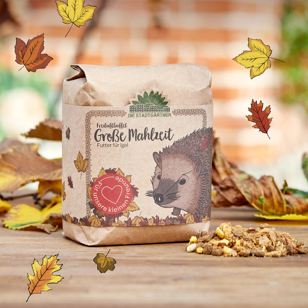 Bolsa de papel con comida para erizos "Big Meal" de Die Stadtgärtner, erizo ilustrado y hojas de otoño, sobre una mesa de madera con comida y hojas.