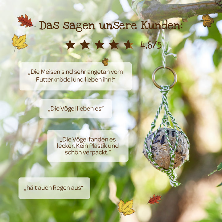 Reseñas de una bola de alimentación apta para pájaros que cuelga de un árbol; los clientes elogian el sabor, el empaque sin plástico y la resistencia a la intemperie; calificación de estrellas 4.8 de 5.
