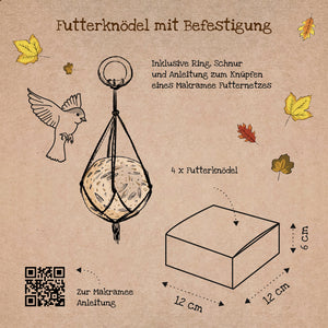 Ilustración de una bola de masa hervida con accesorio de macramé, pájaro, hojas de otoño, descripción y tamaño del paquete en alemán.