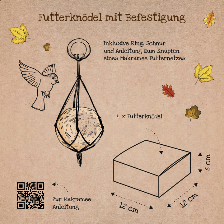 Ilustración de una bola de masa hervida con accesorio de macramé, pájaro, hojas de otoño, descripción y tamaño del paquete en alemán.