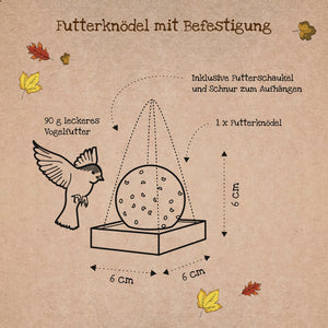 Ilustración de un dumpling de comida con accesorio, dimensiones 6x6x6 cm, incluye pájaro, columpio de comida y cordón para colgar, hojas de otoño en el fondo.