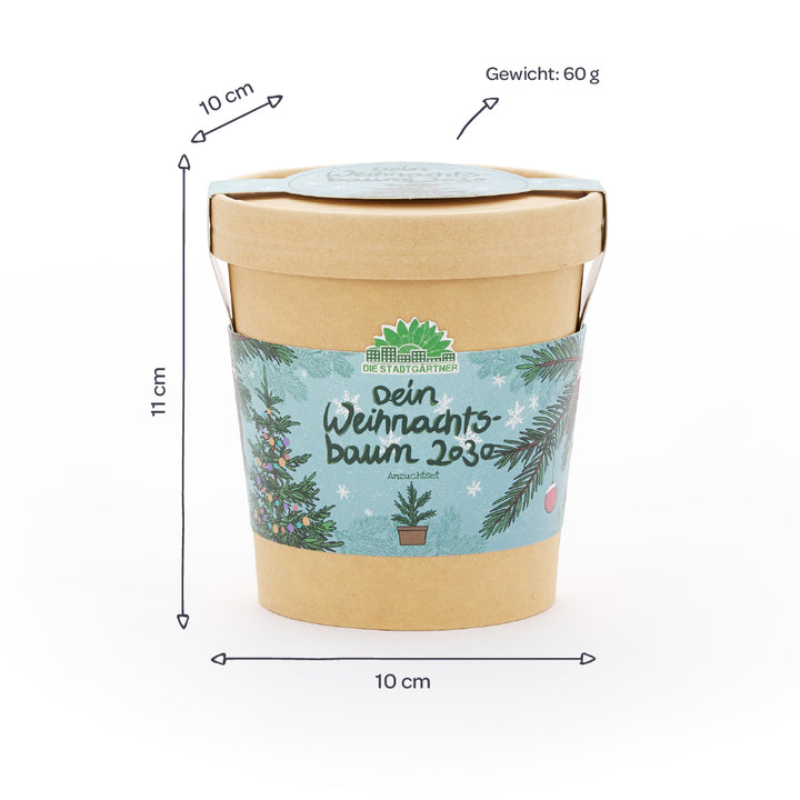Maceta redonda de cartón con cinta navideña, inscripción “Tu árbol de Navidad 2030”, dimensiones 11 x 10 cm, peso 60 g.