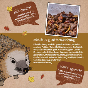 Ilustración de un erizo, junto a él un texto sobre la calidad y los ingredientes de una mezcla de comida para erizos, así como una foto de la mezcla de comida con insectos y trozos de comida.