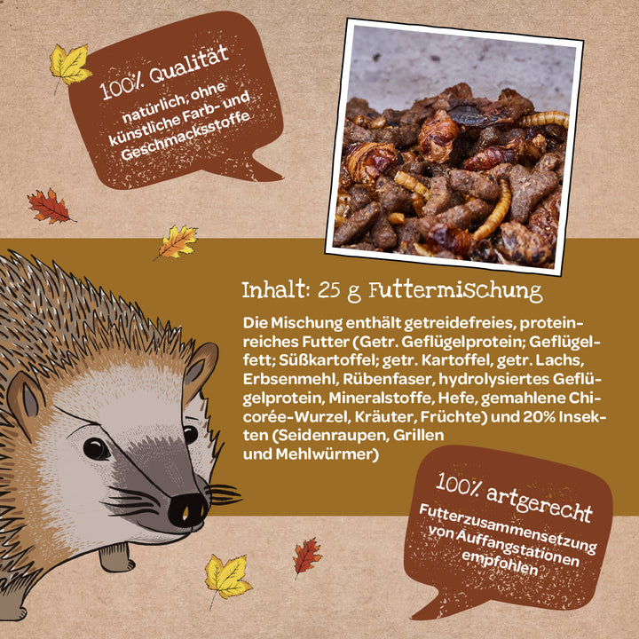Ilustración de un erizo, junto a él un texto sobre la calidad y los ingredientes de una mezcla de comida para erizos, así como una foto de la mezcla de comida con insectos y trozos de comida.