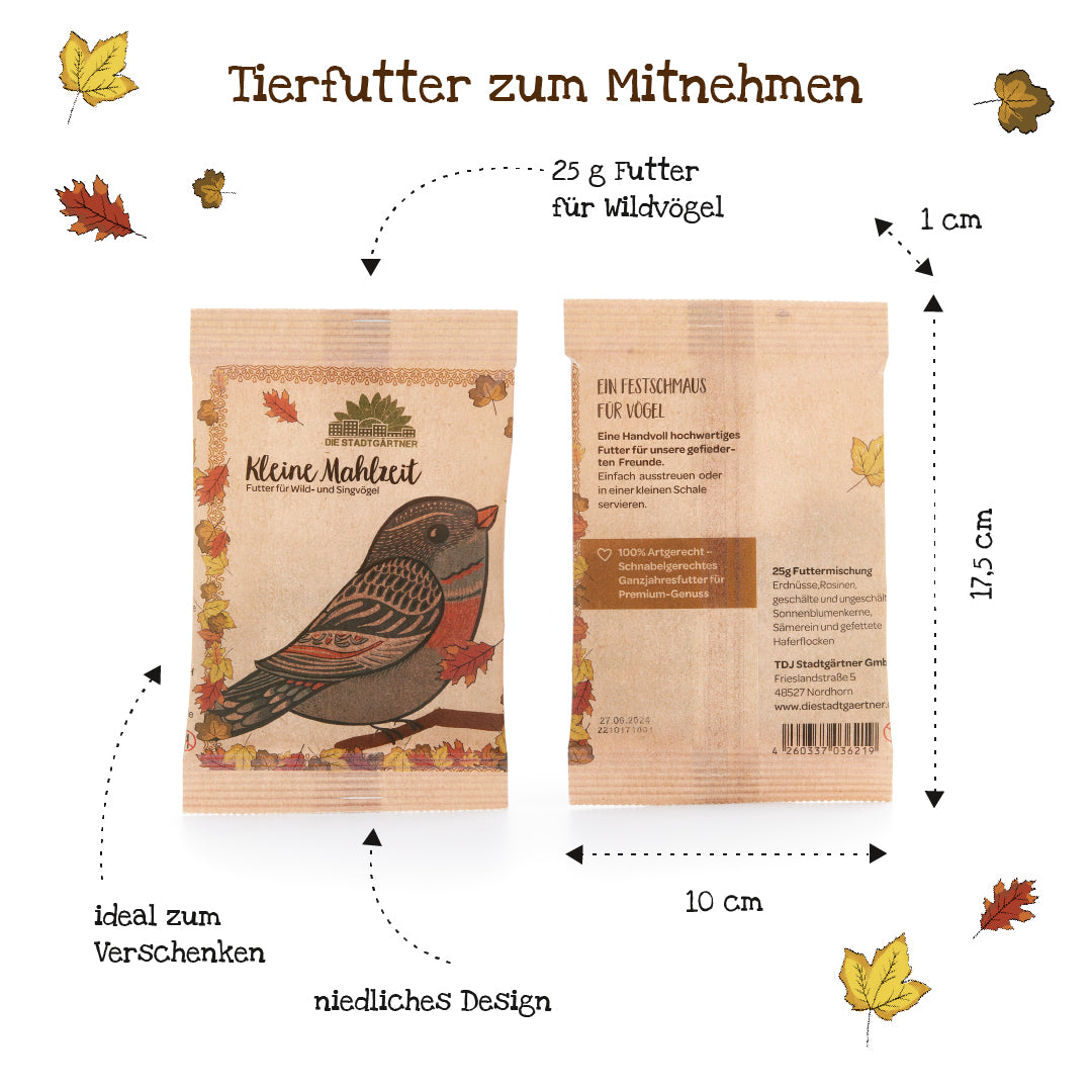 Dos bolsas marrones de alimento para pájaros silvestres "Little Meal", decoradas con motivos de pájaros y hojas de otoño; dimensiones 17,5 cm x 10 cm, contenido 25 g, ideal como regalo.